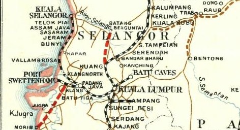 Map showing rail and road route to Bentong in 1914.