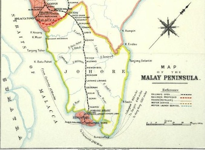 1914 Railway Map from Batang Malacca to Johor Bahru